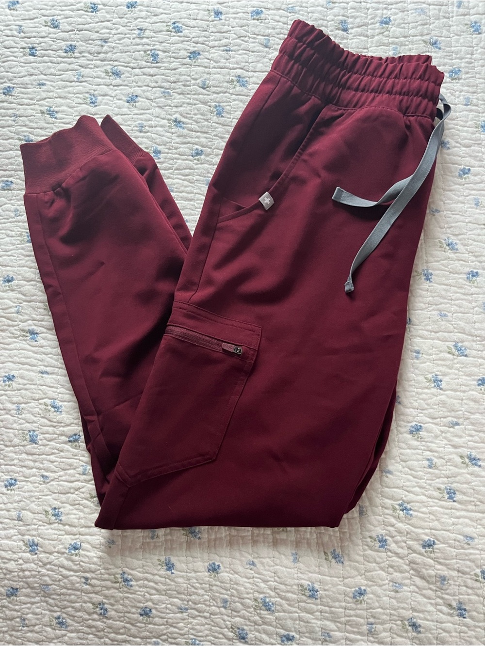Figs Jogger Pants in Burgundy with Gray Drawstring